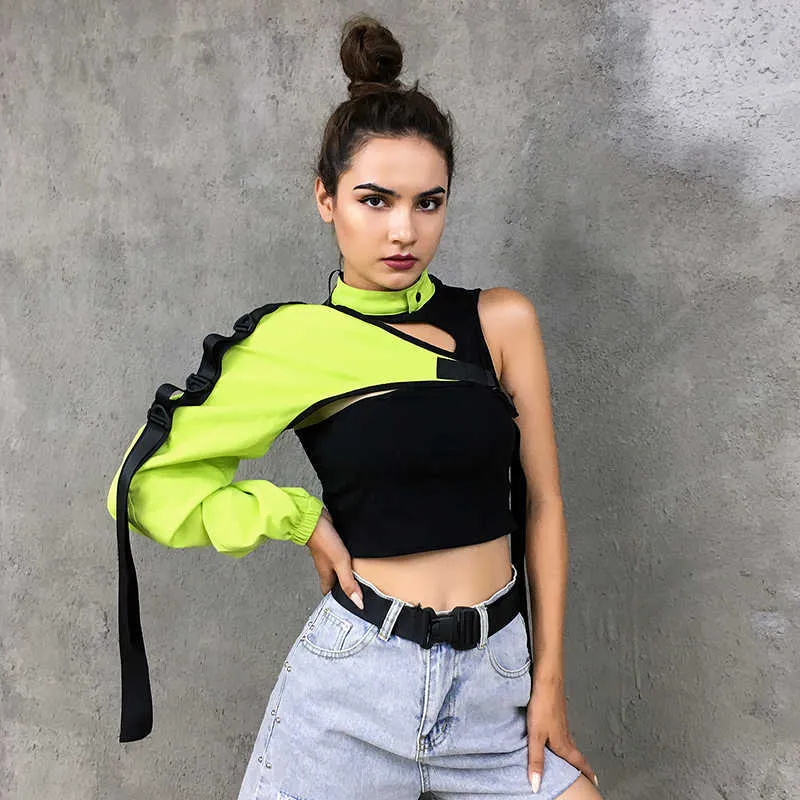 Heyoungirl Neon Green One ramię Off Halter Top Harajuku Czarny Odblaskowe Tshirt Kobiety Hip Hop Street Weet Tee Koszula Femme X0628