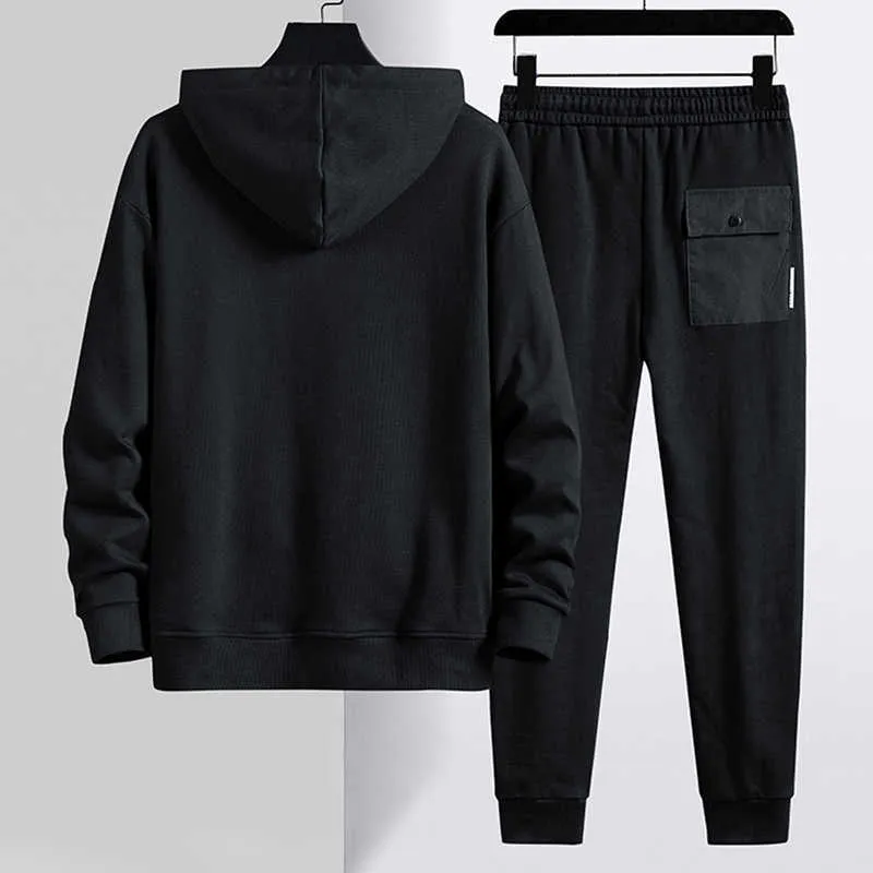 2021 Совершенно новый черный серый пуловер трексуит мужчины плюс размер улицы большие карманы мужские наборы с капюшоном с капюшоном потные костюмы х0909