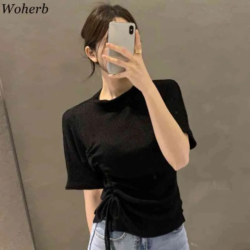 Shirts for Women Vintage Drawstring Tshirts Ropa Mujer Half Turtleneck Knitted Tees Summer Thin Tops Female 95666 210519