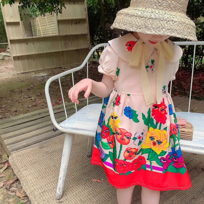 Summer Girls Dress Elegant Doll collar Flying Sleeves Strawberry Princess Baby Kids Children'S Clothing 210625