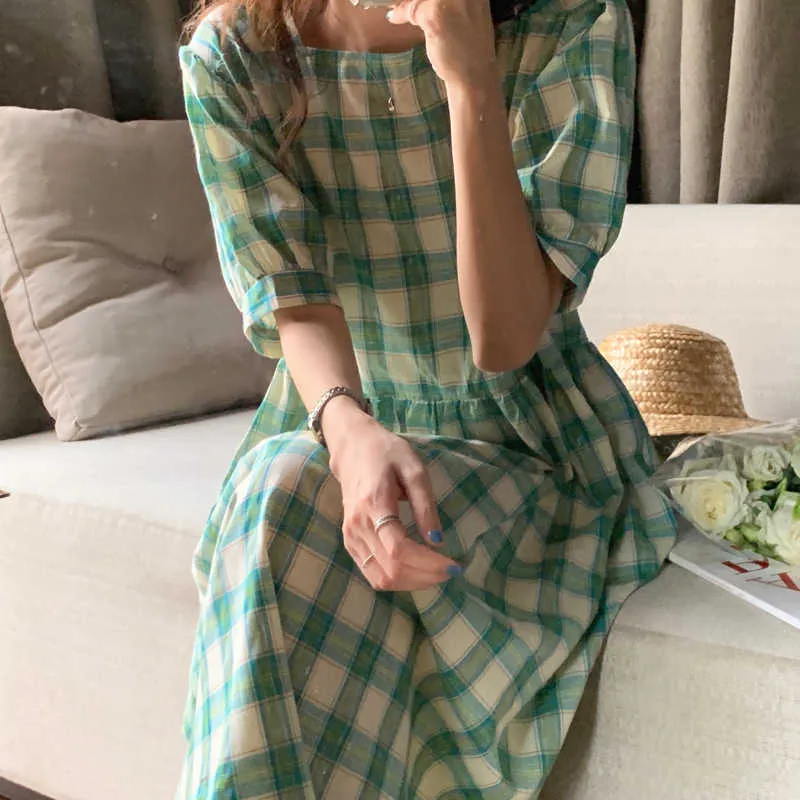 Green Plaid Loose Geometric All Match Chic High Waist Stylish Streetwear Casual Long Dresses Vestidos 210525