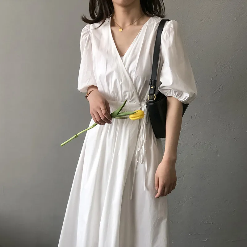 Zomer Koreaanse vrouwen lange jurk korte mouw V-hals losse taille a-line midi jurken vintage solide mode vestidos femme 210513