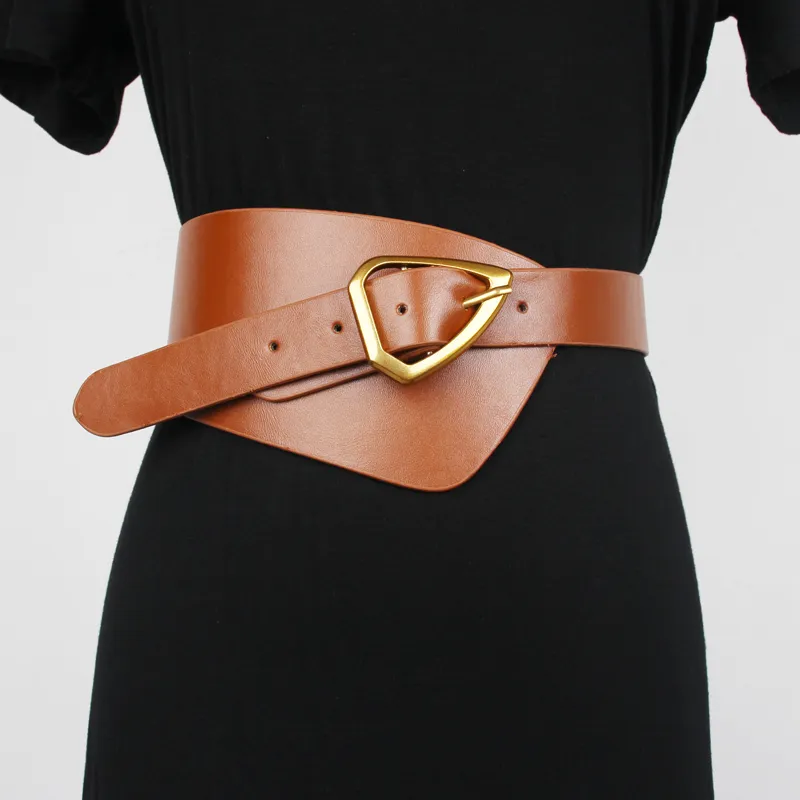 New Women Leather Celra larga cinto de cinto Metal Triângulo Pino de fivela de fivela Cinturão Moda feminina Cummerbunds Soft Big Bands Belts J12095859056