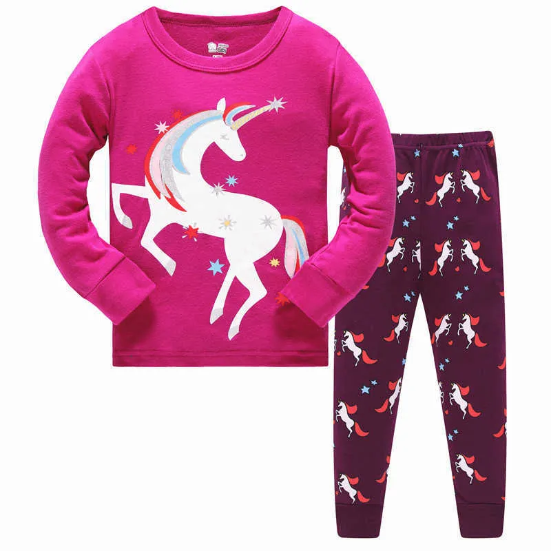 Прыжки метров по прибытии девочек единорог с пижамой мода детская одежда дома носить 2 шт. Outifits Pajamas для ребенка 210529