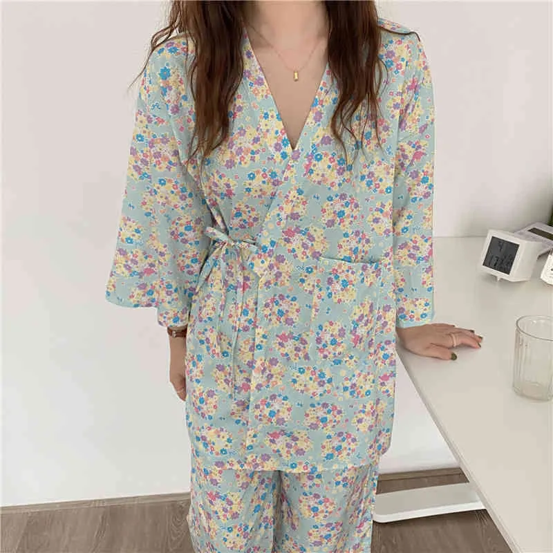 Chic Mint Printing Casual Florals Bomull Sexig Sommar Pajamas Söt Nightwear Homewear Loose Two Piece Suit Sets 210525