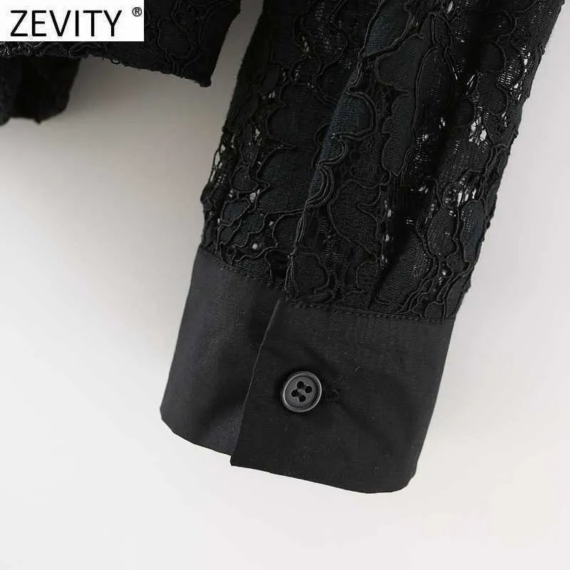 Zevity Women Sexy Perspective Black Lace Casual Smock Blouse Female Turn Down Collar Bow Tied Shirt Chic Blusas Tops LS7611 210603