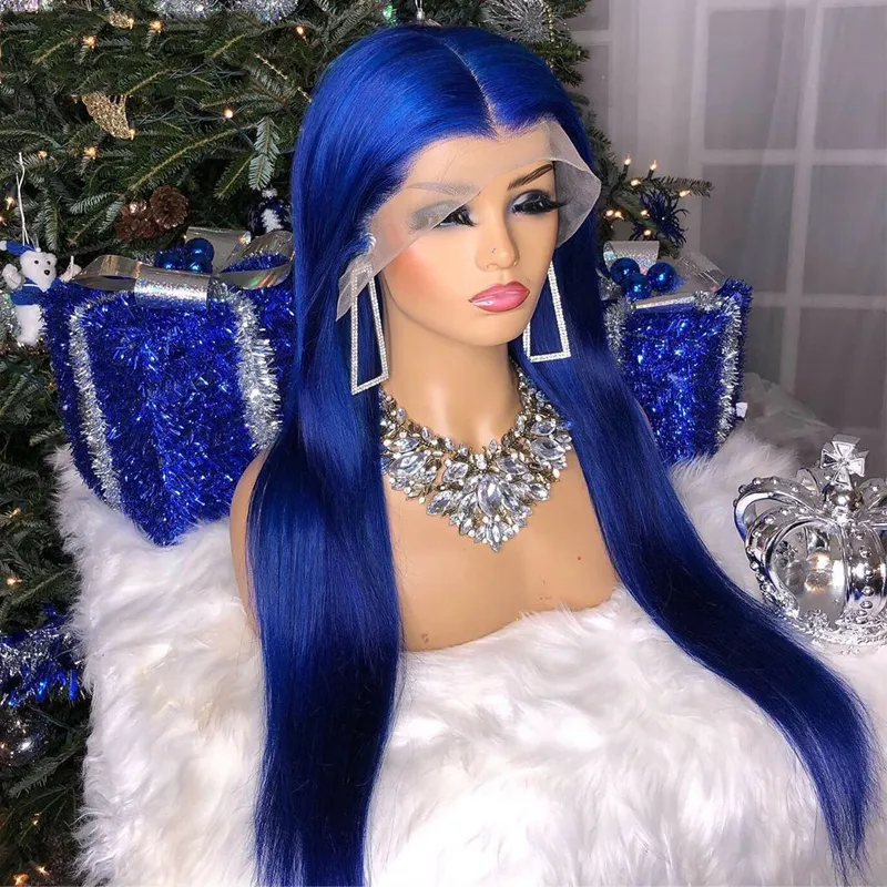 Niebieskie jedwabiste proste syntetyczne włosy 13x4 koronkowa peruka czołowa z babyhair naturalną linią włosów środkowa część 26 cali dray królowa cosplayFactory Direct