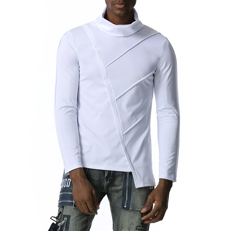 Dark Irregular Men T Shirts Full Sleeve Solid Slim T-shirt Turtleneck Pullover Geometry Streetwear Splicing Camisetas 210524