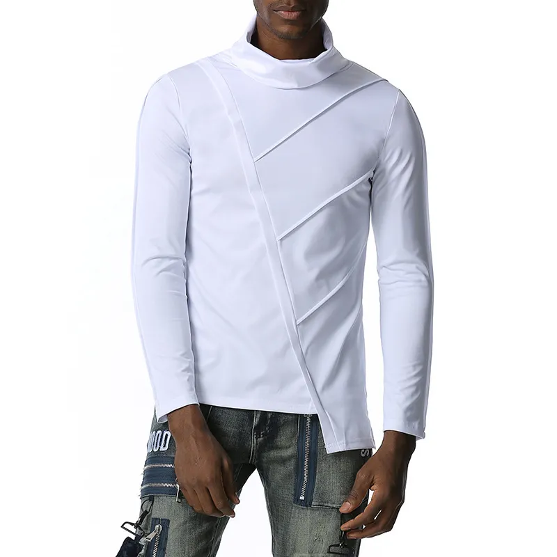 Темные нерегулярные мужские футболки с полным рукавом твердой тонкой футболки Turtleeneck Pullover Geometry Streetwear Splicing CamiSetas 210524