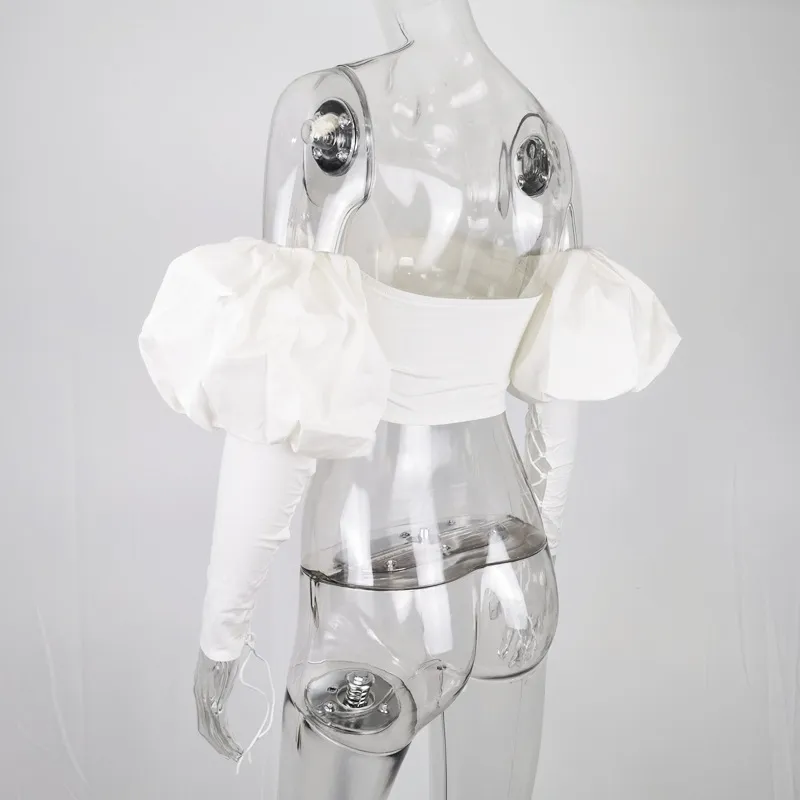 アイソロースファッション包帯作物作物トップス女性2夏の白いコットンパフスリーブ中空クロスブラウスレディセクシーなシャツ210422