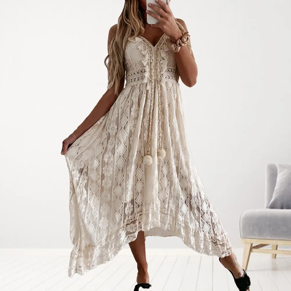 Maxi dresses for women 2021 Hollow Out Lace Women Spaghetti Strap Large Hem Dress for Dating Summer White xxl X0521