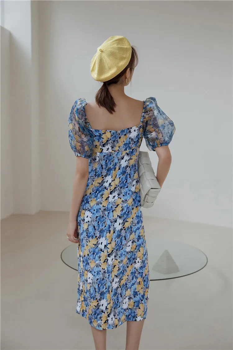 Vintage Bleu Floral Mesh Puff Manches Longues Robe D'été Col Carré En Mousseline De Soie Dames Coréenne Slit Vêtements 210427