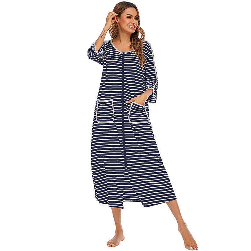 Witbuy Kobiety Długa Bielizna nocna Soft Zipper Przedni szaty Jesienna Koszula Nocleg Ciepłe Paski Kimono Loungewear Maternity Szlafrok Piżamy 210924