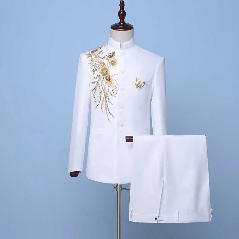 2019 Chinese stijl witte standaard kraag herenpakken gouden bloemen sequin tweedelige podium zanger jas kostuums jas + broek x0909