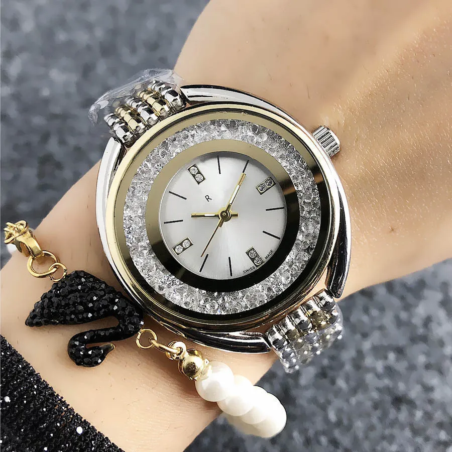 Moda swan tarzı marka kuvars bilek saatleri kadınlar için kristal kadranlı metal çelik bant saati SW033066