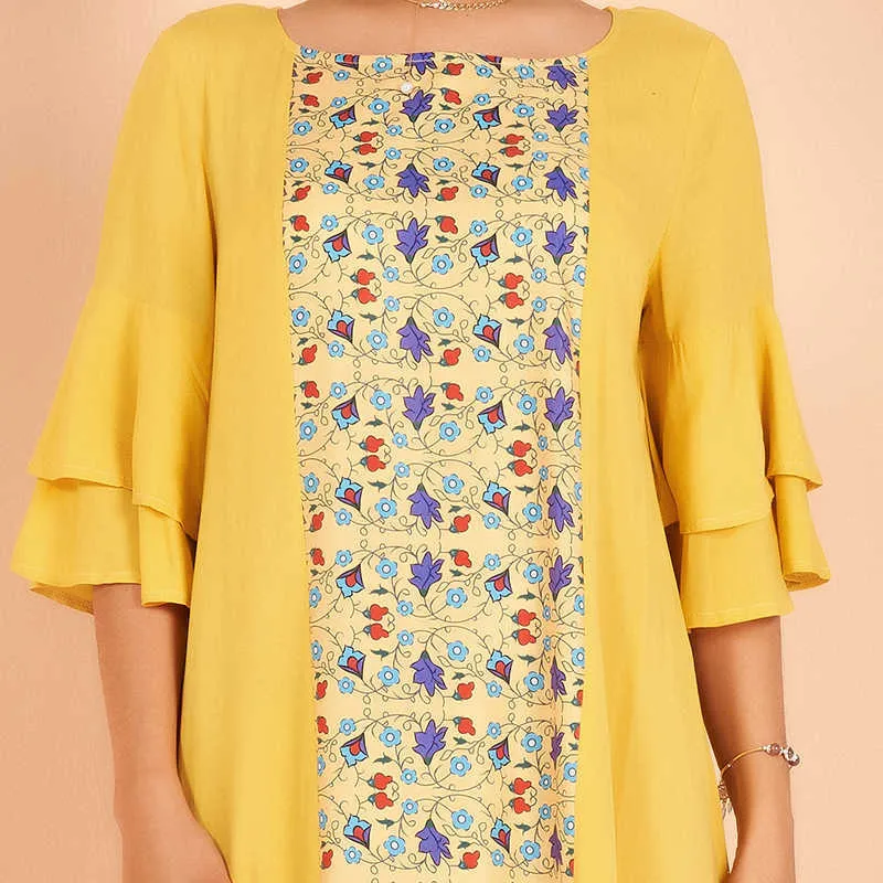 여름 제품 숙녀 패션과 우아한 연꽃 잎 소매 꽃 포도 나무 인쇄 색상 일치 느슨한 대형 레이온 드레스 210630