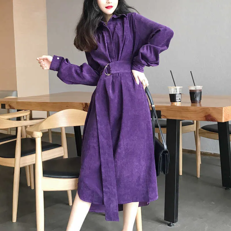 PERHAPS U Khaki Purple Turn Down Collar Corduroy Long Sleeve Sash Knee Length Dress Elegant Winter Autumn Fall D0860 210529