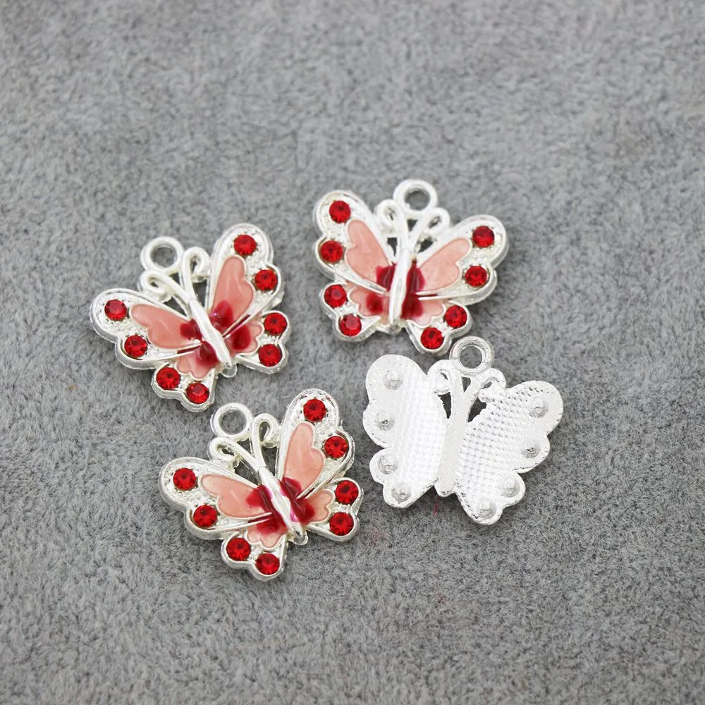 Versilberte Emaille-Schmetterlings-Strass-Kristall-Charm-Perlen, 7 Farben, Anhänger, Schmuckzubehör, Komponenten, L1559, 56 Stück, Lot226Z