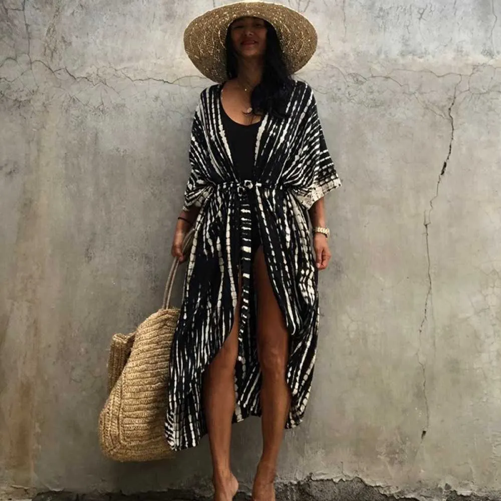 Striped Print Cover-Ups Beachwear Cardigan Sexy Sunblock Top Bikini Long Swimsuits Woman Beach Dress Coat Women's Tunic 210722