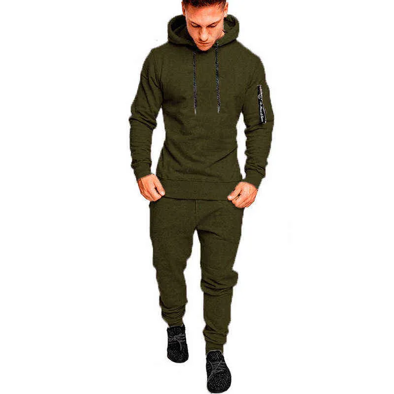 Camo Men Tracksuit Hooded OuterWear Hoodie Set Höst Sportande Manlig Fitness Kamouflage Sweatshirts Jacka + Byxor sätter G1209