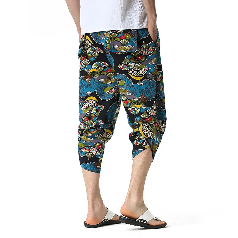 Этнические мужские брюки Льняные тележки длиной печать штаны мужчины гавайские мешковатые брюки гарема повседневные дышащие Harajuku Streetwear 210524