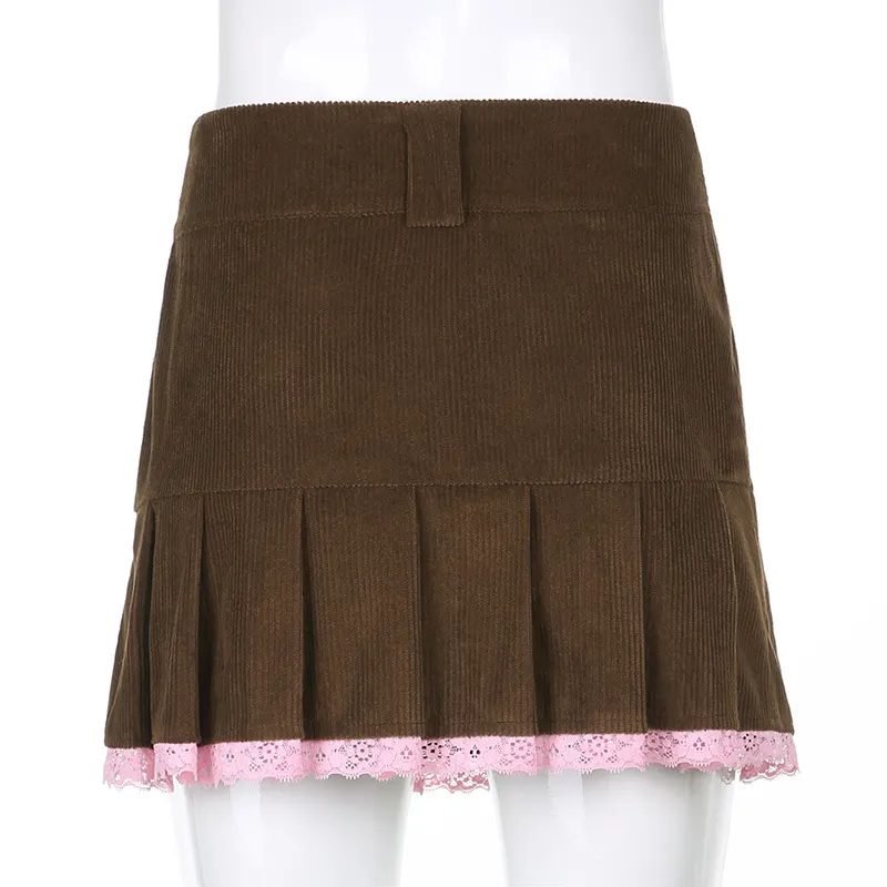 Brązowy Sztruks Plisowane Spódnice Kobiety Vintage 90. Estetyczna Szkoła Dziewczyna Mini Spódnica Koronki Wykończenia Hem Cute Kawaii Odzież 210426