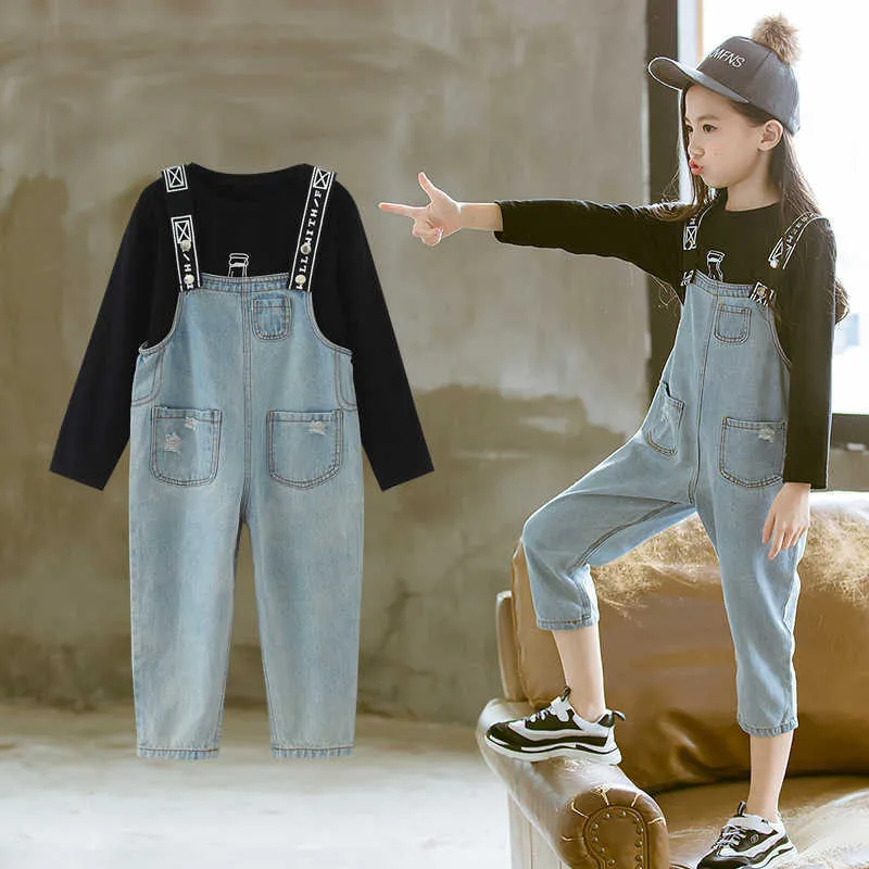 Printemps Enfants Vêtements Ensembles Fille Pour 6 8 9 10 12 Ans Filles T-shirt + Denim Salopette Costume Automne Adolescent Enfants Vêtements Survêtements X0902