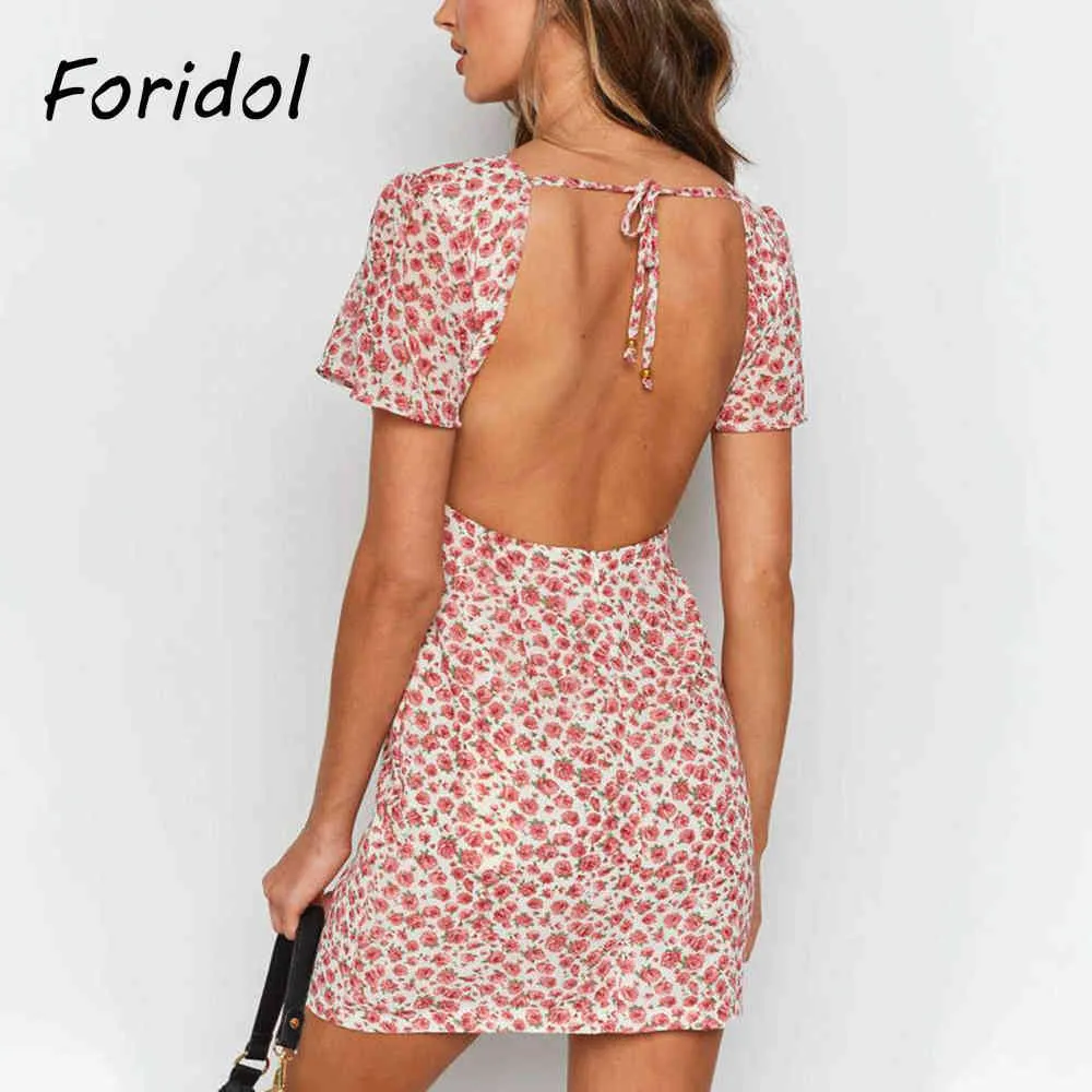 Robe d'été à imprimé floral dos nu à lacets creux devant mini robe de plage plage boho robes robes mujer 210415