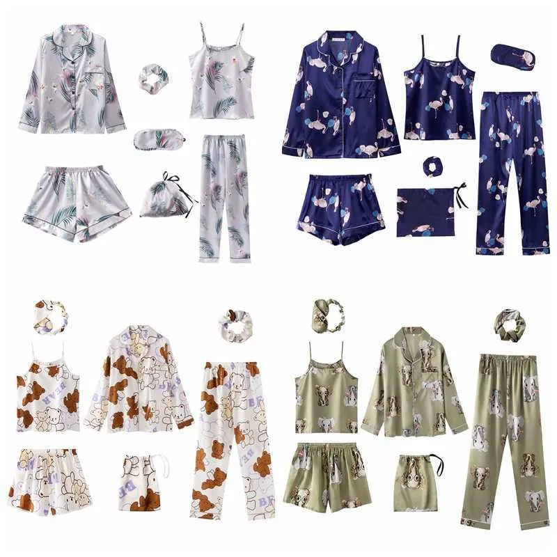 JULY'S SONG Moda Mujeres Pijamas Set 7 Piezas Rayas Faux Seda Impresión Ropa de dormir Mujer Traje Primavera Verano Otoño Homewear 210809