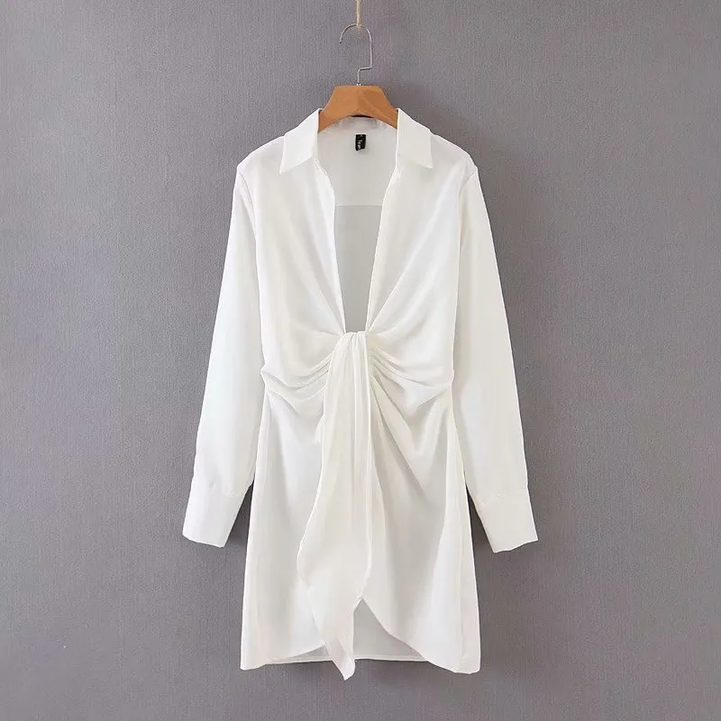 Été arc manches longues robe blanche femmes chemise élégante sexy col en v mini coréen Vestidos 210521