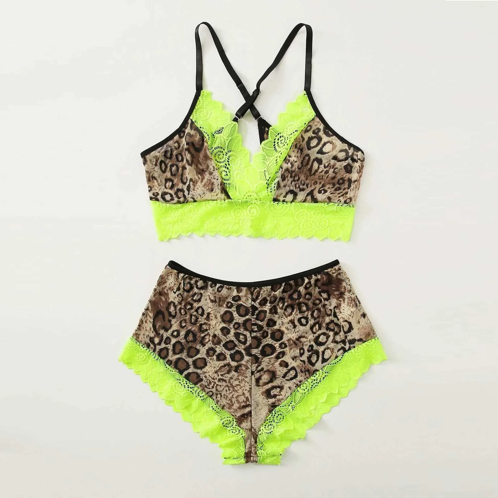 Lace Sleepwear Menina För Kvinnor Sexig Underkläder Leopard Skriv ut Toppar och Shorts Set Pyjamas Nightwear Nighty For Ladies Q0706