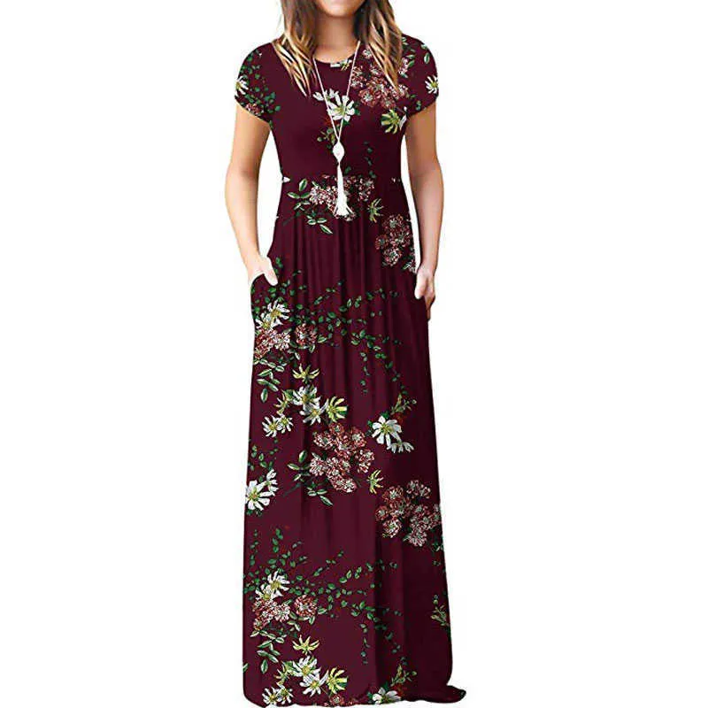 Summer Maxi Floral Dress Women Long Party Dress Ladies Loose Pocket Short Sleeve Casual Dress Robe Femme Sundress 210719