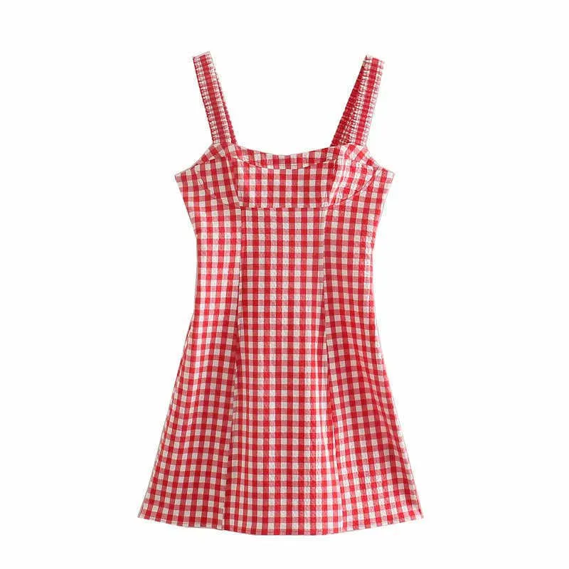 ZA Plaid Summer Red Straps Vestido Mujeres Sin mangas Smocked Gingham Sundress Chic Side Zip Mujer Sexy Sin respaldo Mini vestidos 210602