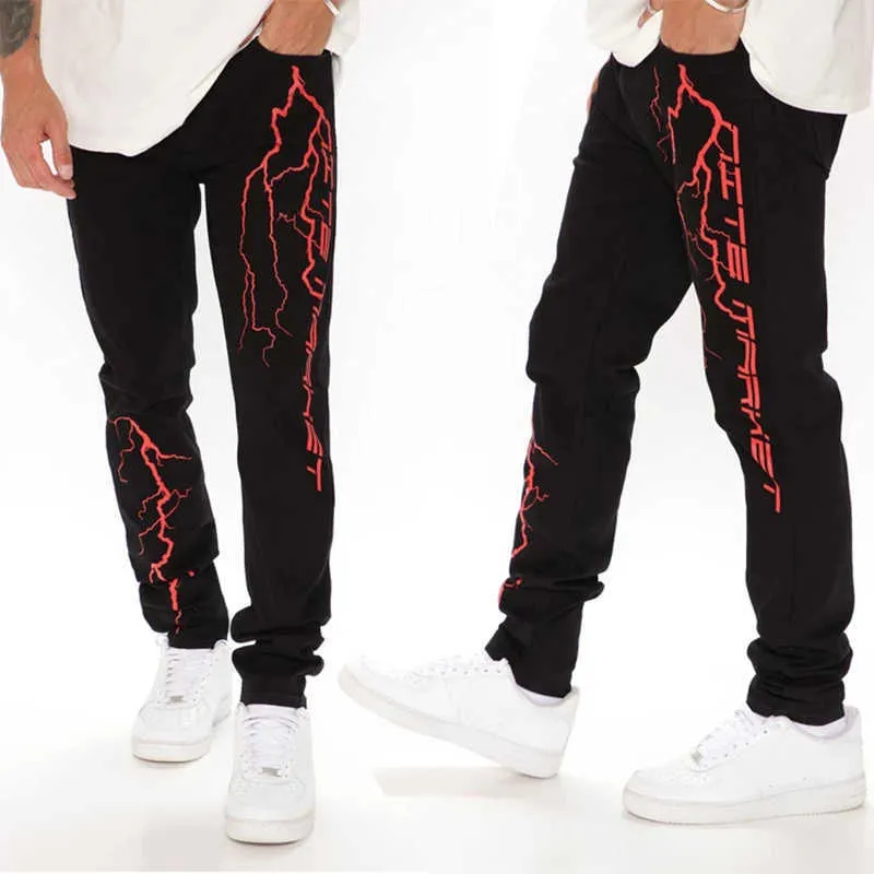 Pantaloni jeans neri da uomo Denim Mens Streetwear Print Skeleton High Wasit Slim Tute da matita 210716