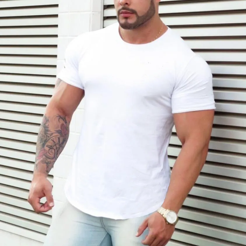Muscleguys New Solid fitness clothing Gyms Tight t-shirt mens workout t-shirt homme Gyms t shirt men Slim fit Summer top 210421