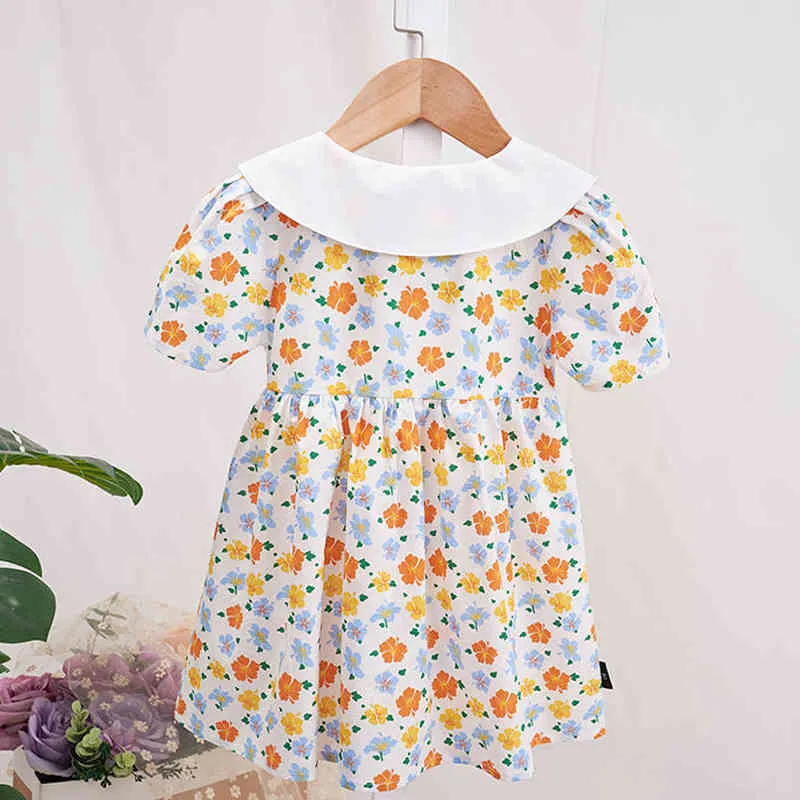 Zomer meisje jurk Koreaanse stijl floral bladerdeeg mouw schattige peuter kinderkleding 2-6Y 210515