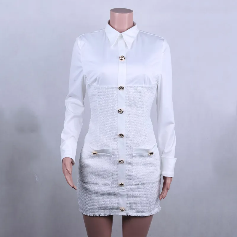 Robe de chemise en tweed blanche Femmes d'automne hivernale bodycon mini robe vintage bouton de bureau à manches longues vestiaire vestime 210415