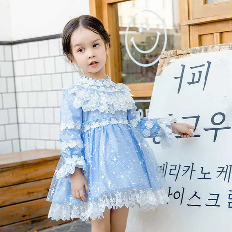 Spring Kids Girl Party Dress Lace Bow Blue Long Sleeves Mesh Princess Dresses Wedding Perform Formal Clothes E8010 210610