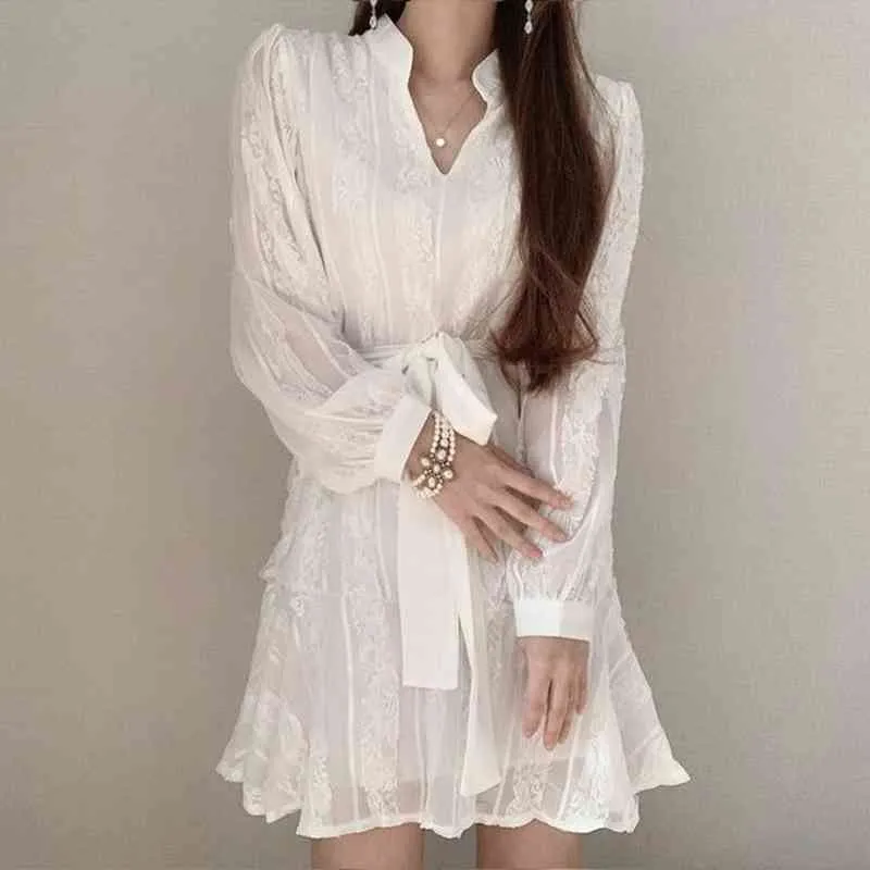 Kimutomo solide Vintage robes femmes élégant Style français printemps col en v à manches longues taille mince Vestido Chic coréen 210521