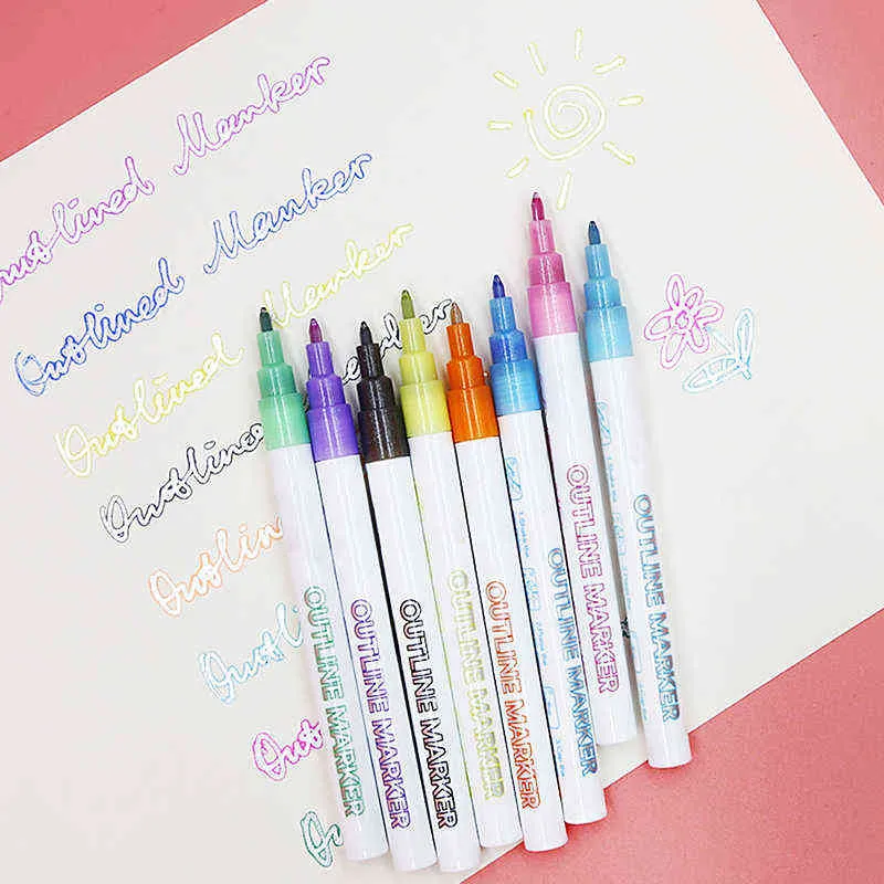 Double Line Pen, Glitter Marker Pen Fluorescent Outline Pens for Gift Card Writing, Drawing, DIY Art Crafts 211104