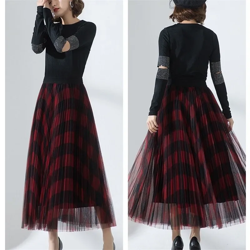 Angleterre Plaid Tulle Jupe Femmes Mode École coréenne vérifié taille haute plissée Maxi été femme maille streetwear 210421