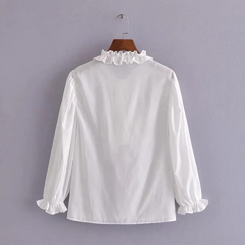 Printemps à volants blanc femme Blouse mode bouffée à manches longues haut femme élégant Bejeweled boutons femmes chemise 210519