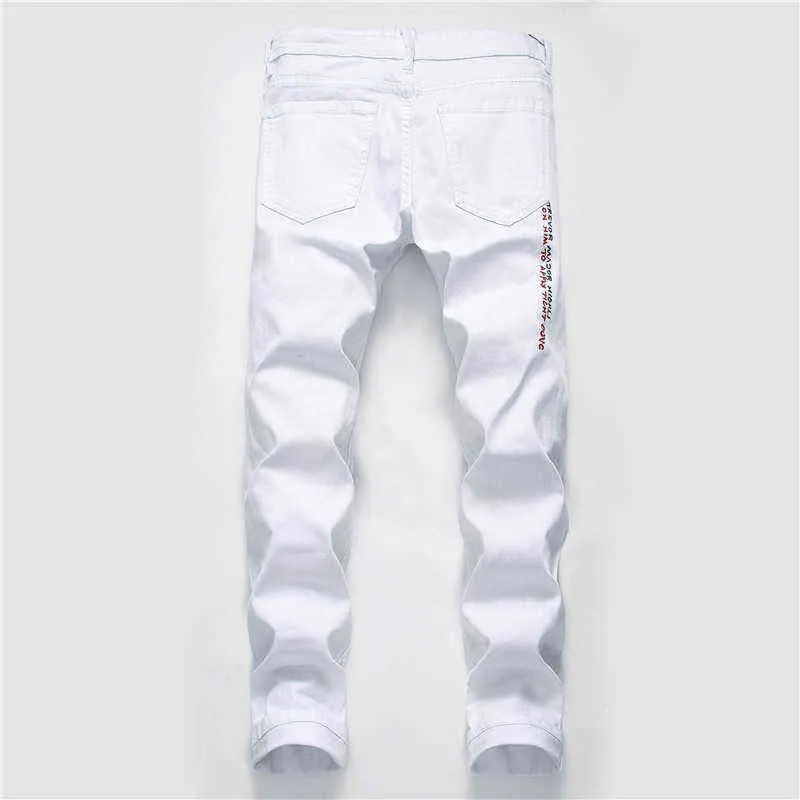 Erkekler Streetwear Kişilik Yırtık Baskılı Beyaz Sıska Kot Hip Hop Punk Casual Motosiklet Streç Denim Kot Pantolon 211120