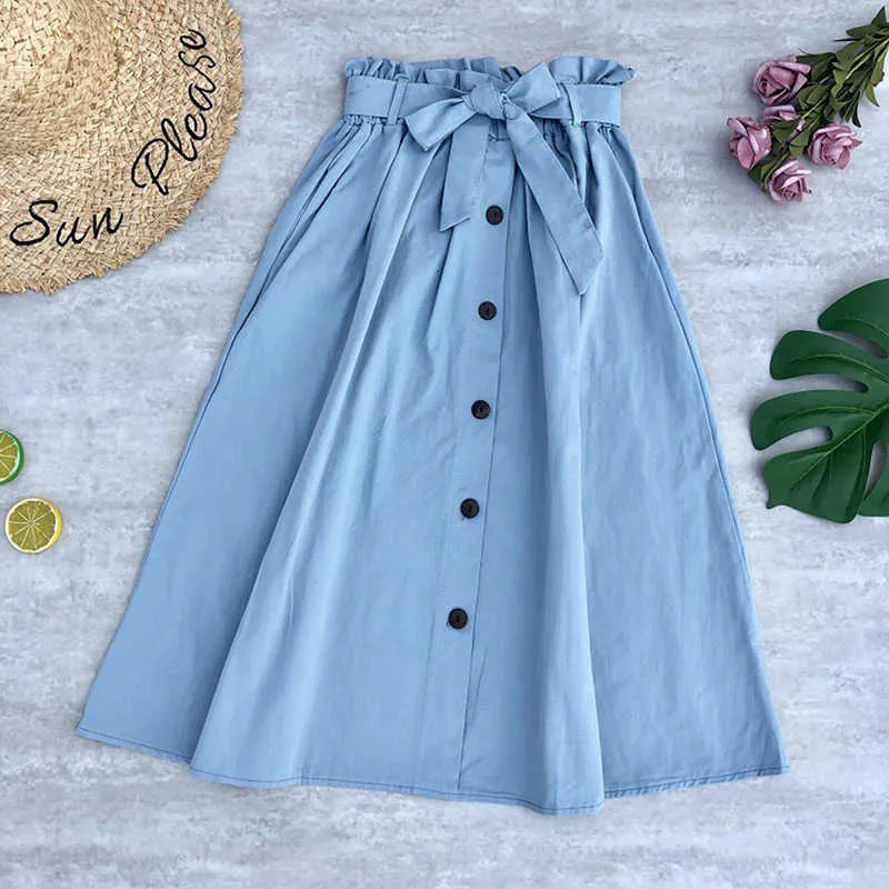 Autumn Elegant Skirts Womens Elastic Waist Buttons Bow Stretched With Pocket Female Solid Color 210629