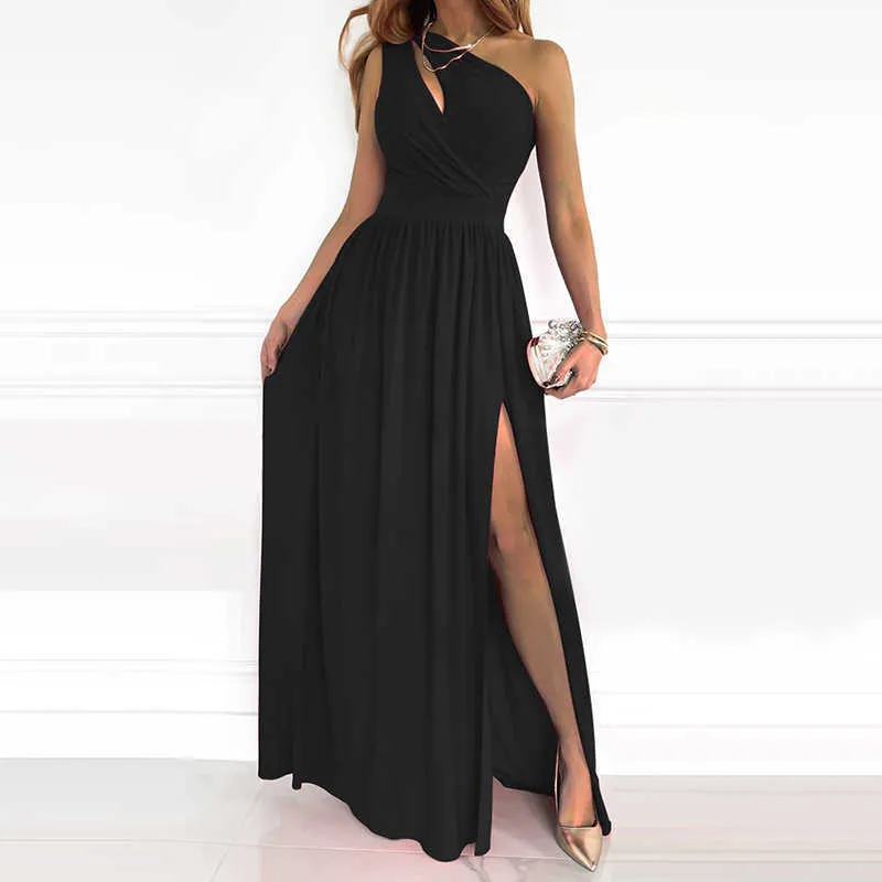 Women Elegant One Shoulder Cut-out Maxi Dress Female Stylish Long Party Dress Formal Gowns Eveining Robe Hight Slit Maxi Dress 210716