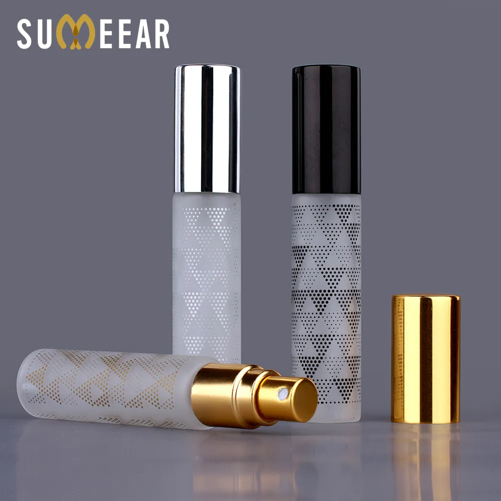 50 stks / partij 10 ml Frosted Glass Atomizer Fles Gekleurde Dots Aluminium Cap Spray Parfum Fles Flessen Container