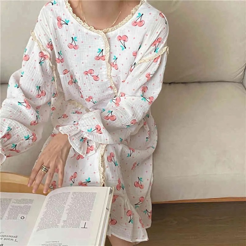 Casual Vintage Sweet Nightdress Högkvalitativ Försäljning HomeWear Bomull Nightwear Retro Elegant Loose Pajamas 210525