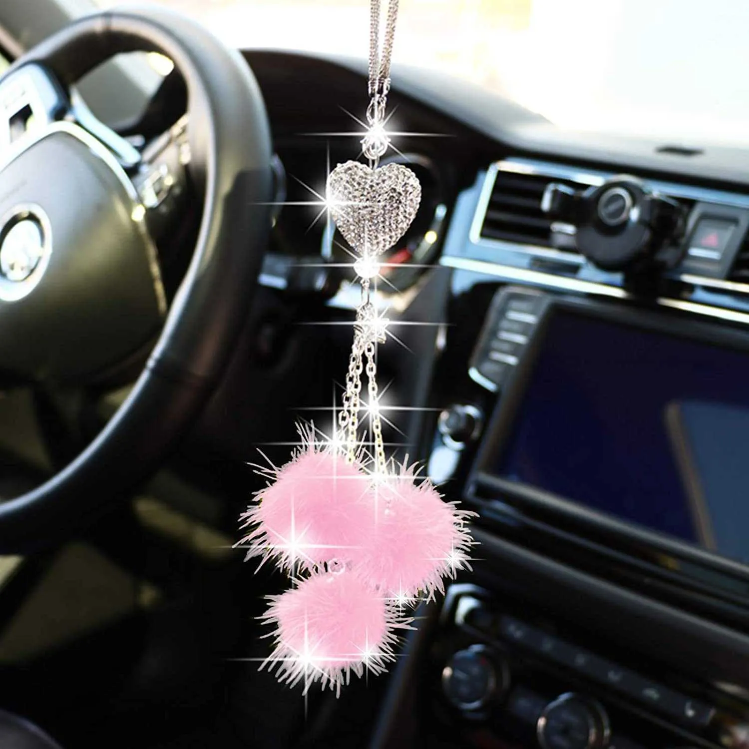 Bling Car Mirror Akcesoria dla kobiet Bling Love Heart i różowa pluszowa kulka Bling Rinestones Crystal Diamond Car Akcesoria 4434183