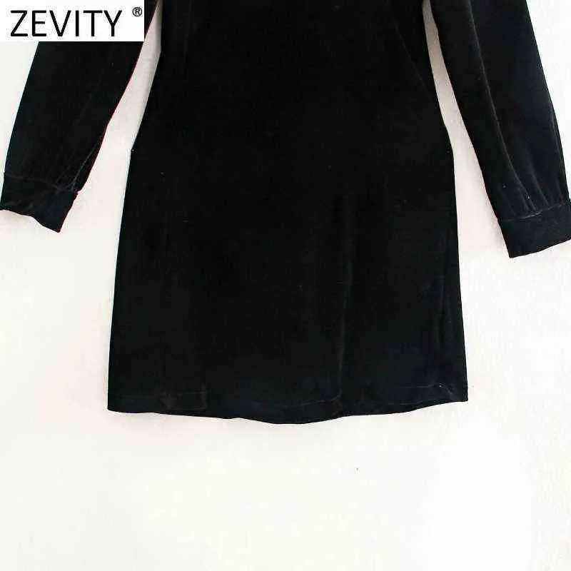 Zevity 2021 Women Stand Collar Diamond Buttons Decoration Casual Slim Black Velvet Dress Female Chic Party A Line Vestido DS5051 Y1204