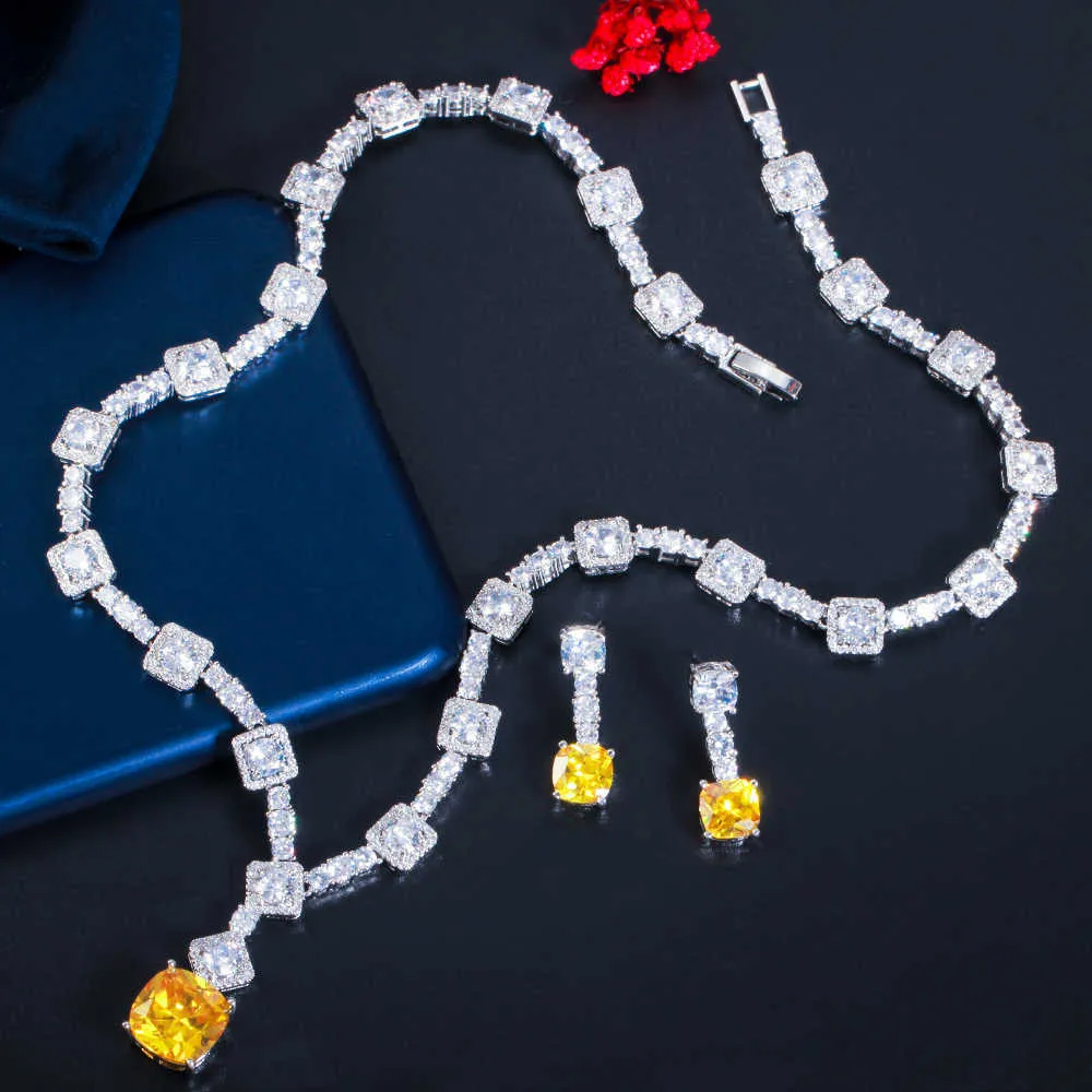 Gorgeous Square Drop Yellow Cubic Zircon Party Necklace Jewlery Set para mujer Wedding Bridal Costume Accessories T504 210714